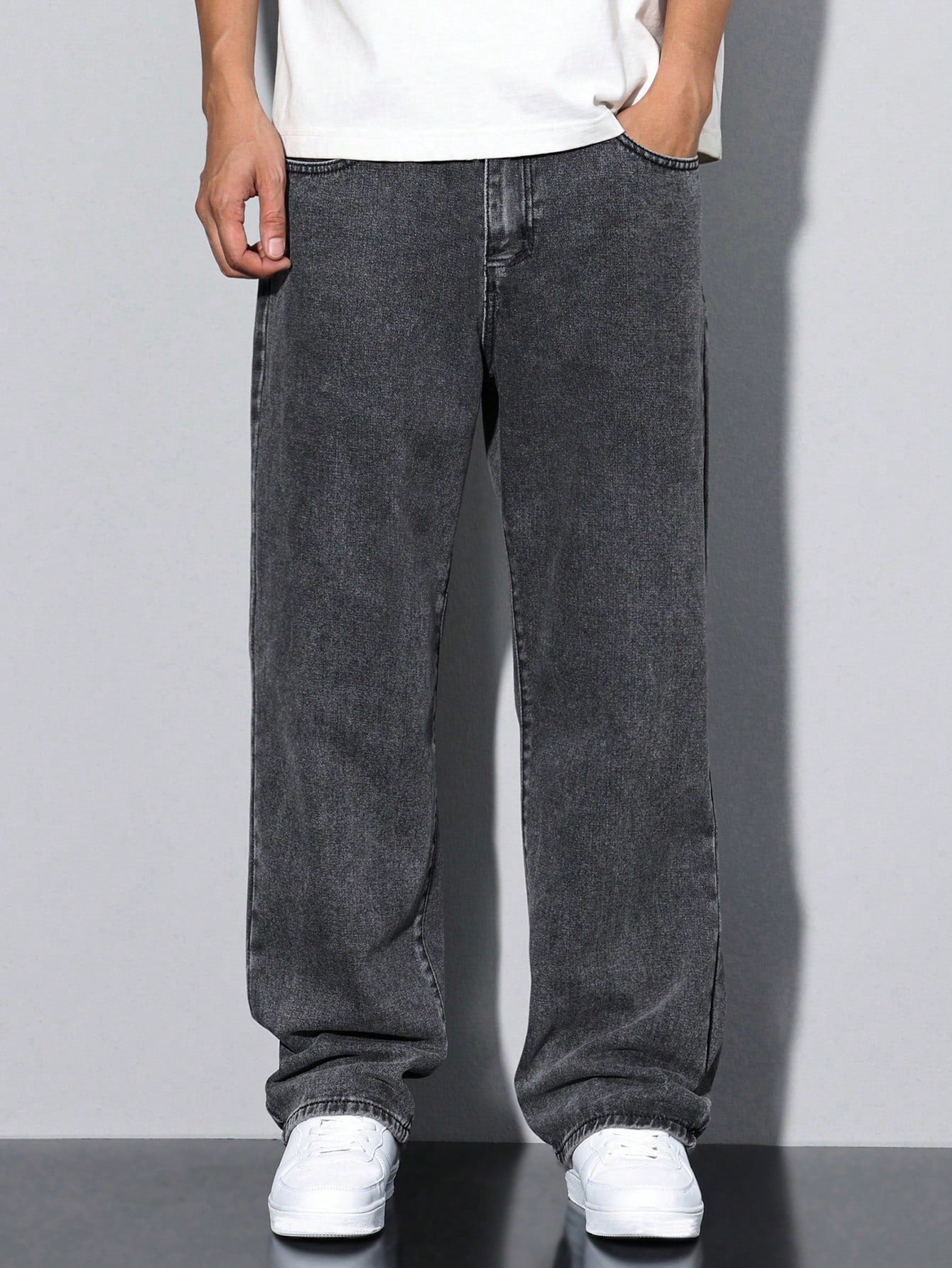 Manfinity Hypemode Loose Men Slant Pocket Straight Leg Jeans, Grey Baggy Jeans Men, Baggy Jeans Men Black, Men'S Washed Baggy Jeans