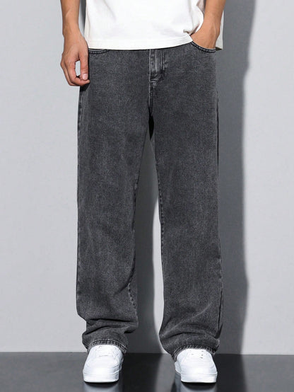 Manfinity Hypemode Loose Men Slant Pocket Straight Leg Jeans, Grey Baggy Jeans Men, Baggy Jeans Men Black, Men'S Washed Baggy Jeans