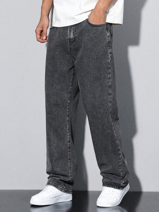 Manfinity Hypemode Loose Men Slant Pocket Straight Leg Jeans, Grey Baggy Jeans Men, Baggy Jeans Men Black, Men'S Washed Baggy Jeans