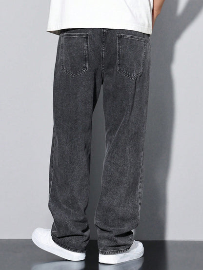 Manfinity Hypemode Loose Men Slant Pocket Straight Leg Jeans, Grey Baggy Jeans Men, Baggy Jeans Men Black, Men'S Washed Baggy Jeans