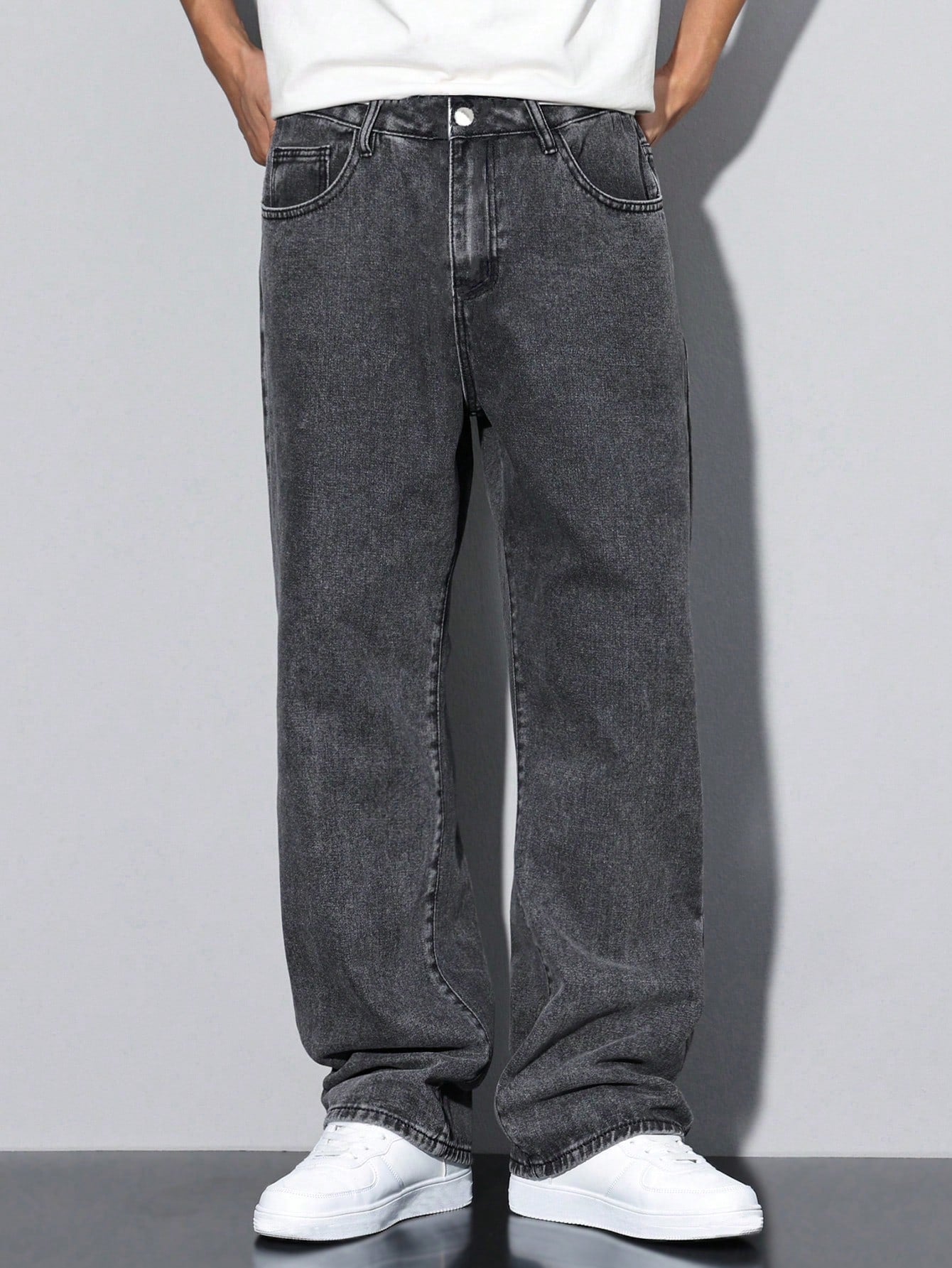 Manfinity Hypemode Loose Men Slant Pocket Straight Leg Jeans, Grey Baggy Jeans Men, Baggy Jeans Men Black, Men'S Washed Baggy Jeans
