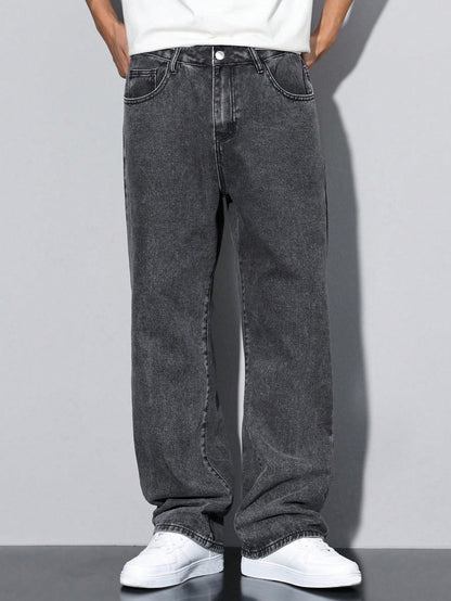 Manfinity Hypemode Loose Men Slant Pocket Straight Leg Jeans, Grey Baggy Jeans Men, Baggy Jeans Men Black, Men'S Washed Baggy Jeans